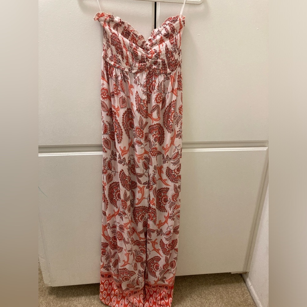 NWT Angie Strapless Floral Wide Leg Jumpsuit Resort Size Large